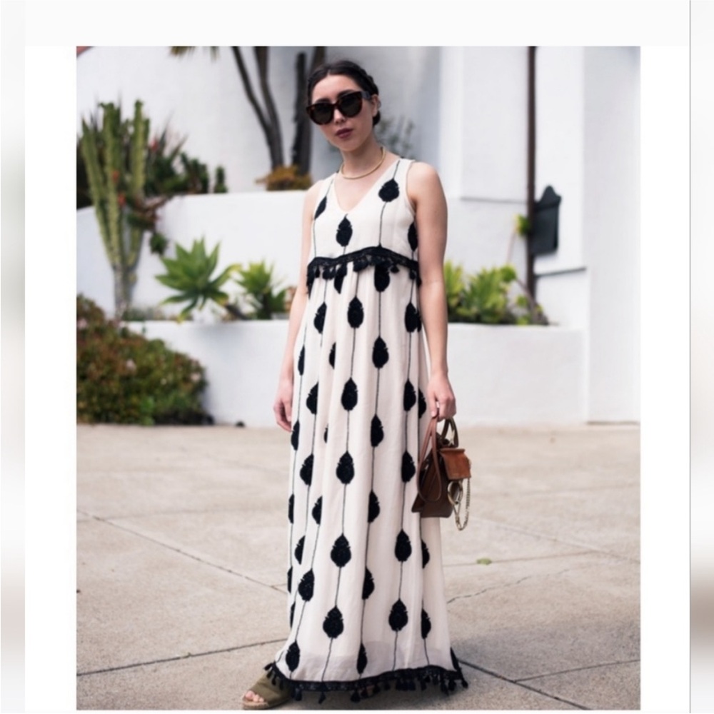 Anthropologie Cream Maxi Dress with Black Tassel Dot Detail